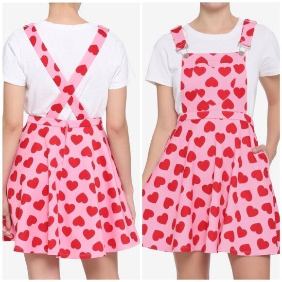 HOT TOPIC | Pink & Red Heart Print Overall Dress Skirtall Women’s Size Small - Picture 1 of 11